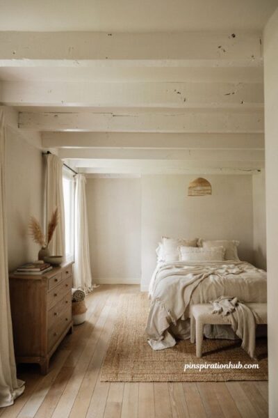 Neutral coastal bedroom with whitewashed exposed wooden ceiling beams and linen bedding