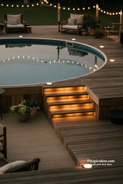 Night lighting above ground pool deck ideas with cozy cinematic backyard glow