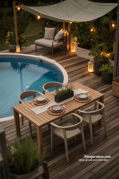 Outdoor dining above ground pool deck ideas with cozy backyard social space