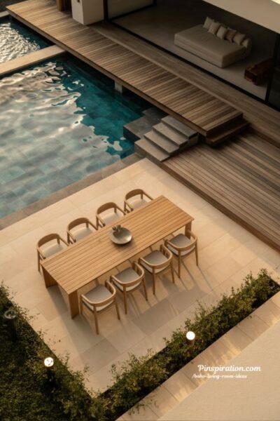 Outdoor dining connection above ground pool design with seamless backyard social living and modern garden flow