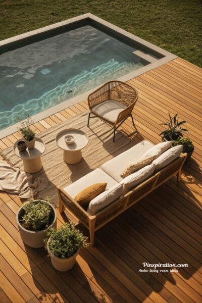 Outdoor poolside lounge zone design with cozy seating and slow living modern backyard retreat aesthetic