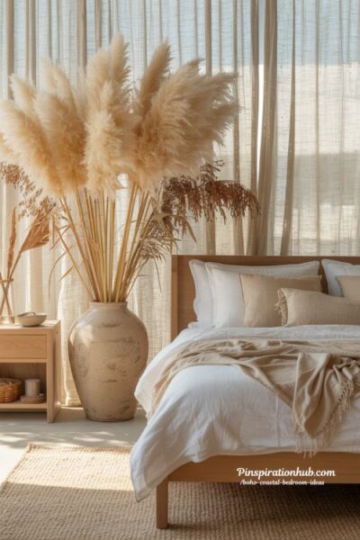 Pampas grass boho coastal bedroom with neutral tones dried botanicals and natural textures