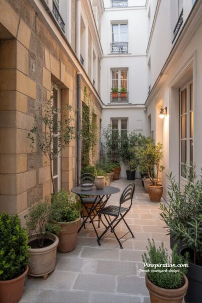 Parisian inspired French courtyard design with compact iron furniture and calm urban greenery atmosphere