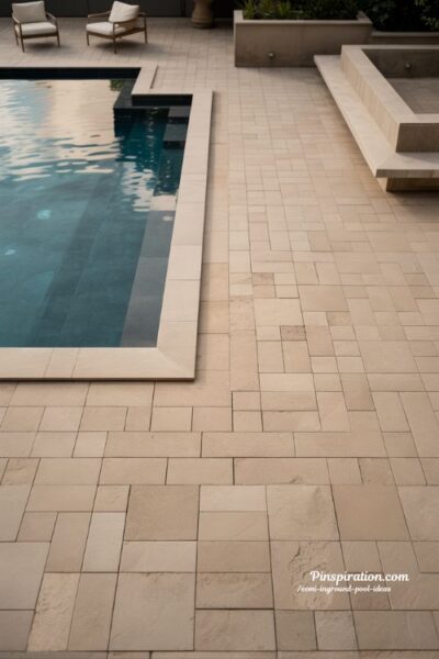 Patio and tile inground pool ideas for elegant finishes with modern luxury backyard design and refined stone textures