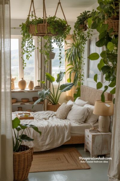 Plant-filled boho coastal bedroom with monstera woven planters and layered greenery decor