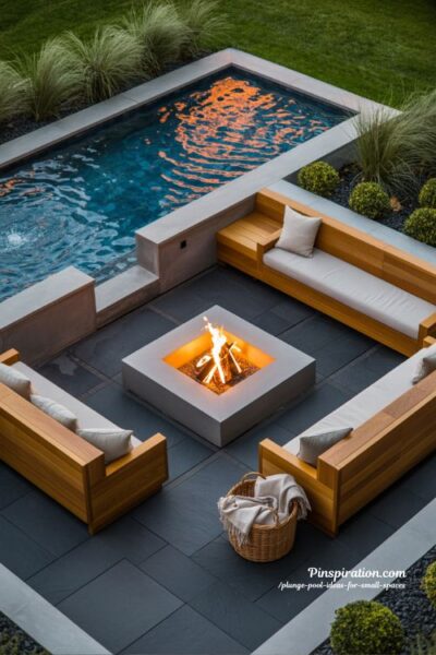 Plunge pool and fire pit backyard design ideas for modern small outdoor entertaining spaces