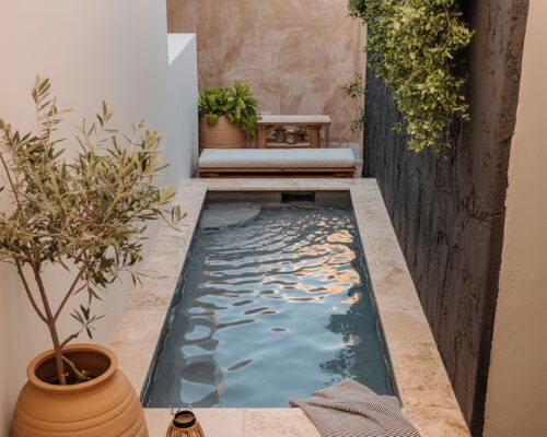 Plunge pool ideas for small spaces with warm modern backyard design