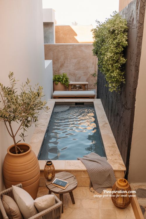 Plunge pool ideas for small spaces with warm modern backyard design