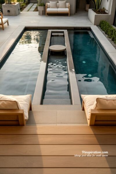 Plunge pool with built in seating ideas for modern small backyard social pool design
