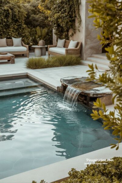 Pool landscaping ideas with soft waterfall feature and calming backyard design