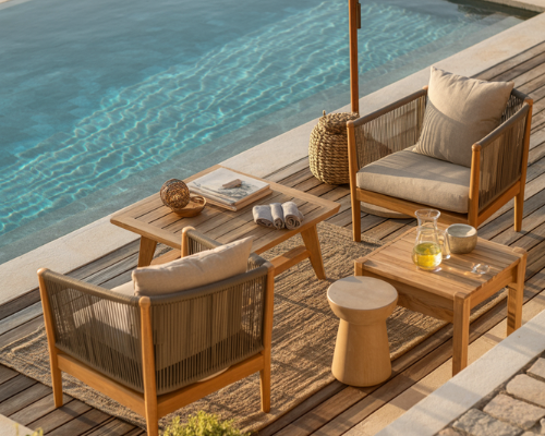 Pool lounge chairs arranged beside a resort style backyard swimming pool retreat