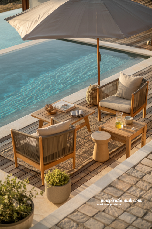 Pool lounge chairs arranged beside a resort style backyard swimming pool retreat