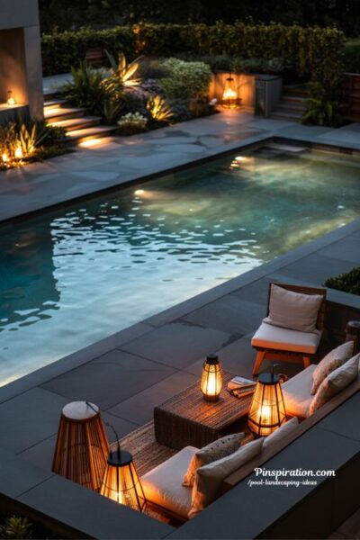 Pool night lighting ideas with warm glowing backyard ambiance