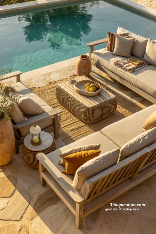 Pool side decorating ideas with warm natural stone and organic outdoor lounge styling