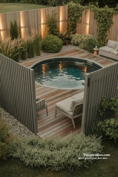 Privacy fence above ground pool deck ideas with cozy secluded backyard design