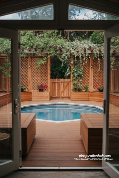 Privacy fenced above ground pool deck retreat with lattice screens and garden greenery