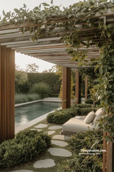 Private backyard pool landscaping ideas with layered greenery and screens