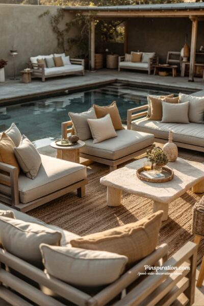 Relaxed pool side lounge decorating ideas with deep seating and cozy outdoor comfort