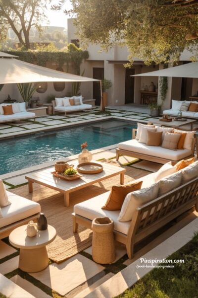 Resort inspired pool landscaping ideas with luxury outdoor lounge spaces