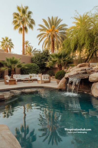 Resort style desert pool with palm trees waterfall and luxury lounge seating