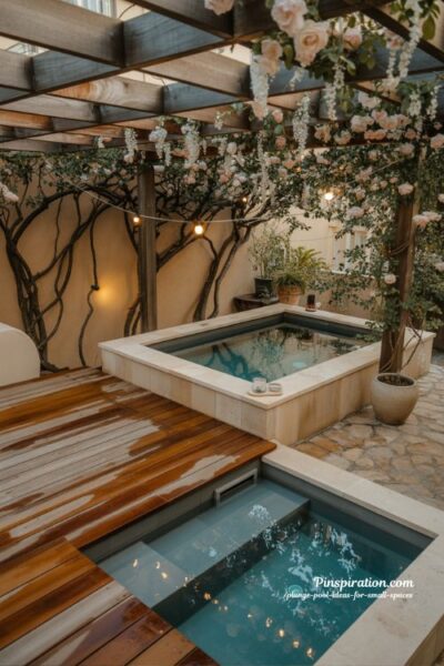 Romance plunge pool with hot tub ideas for small backyard spa retreat with pergola lighting