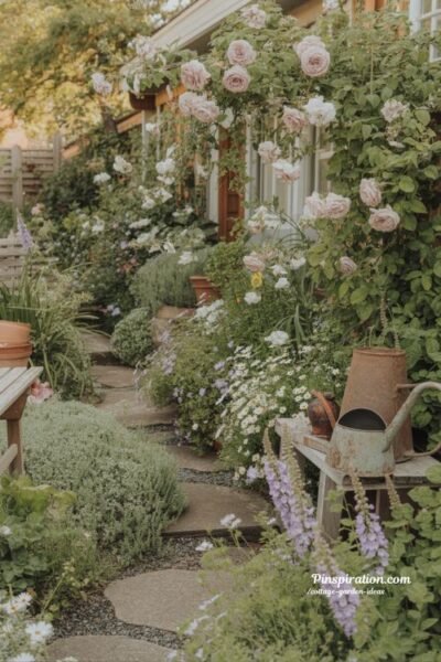 Romantic cottage garden ideas with wild roses lavender and layered flowers