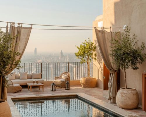 Rooftop swimming pool ideas with luxury urban terrace design and calming skyline views