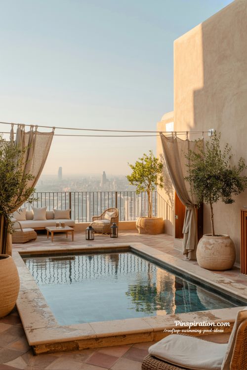 Rooftop swimming pool ideas with luxury urban terrace design and calming skyline views