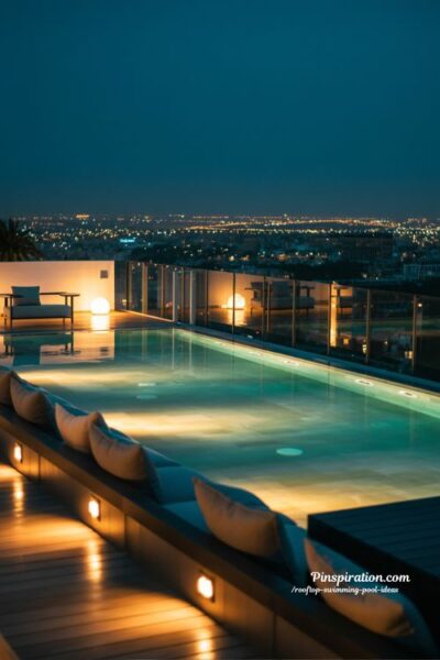 Rooftop swimming pool night lighting ideas for ambience and luxury city escape design