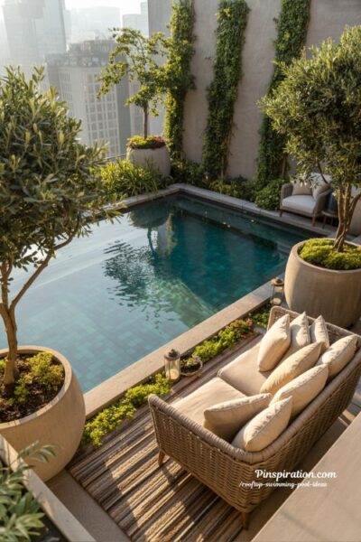 Rooftop swimming pool with green garden integration and peaceful urban terrace design