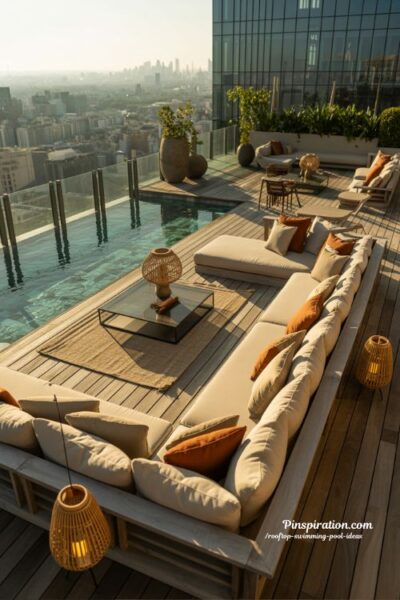 Rooftop swimming pool with lounge deck and relaxing city skyline views