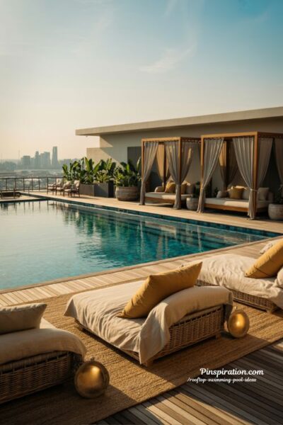 Rooftop swimming pool with resort style design ideas and luxury urban vacation terrace