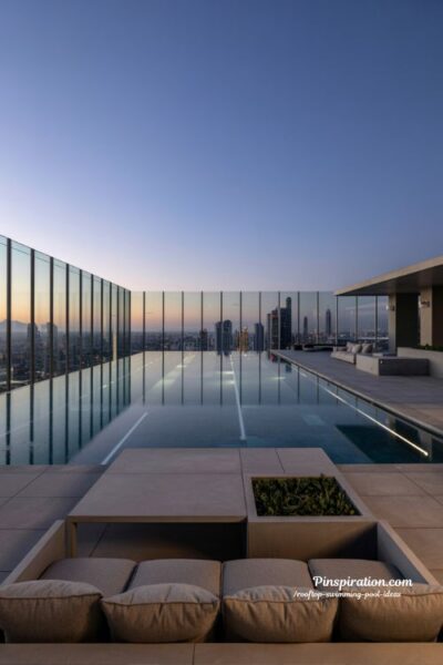 Rooftop swimming pool with urban skyline inspiration and cinematic luxury city view design