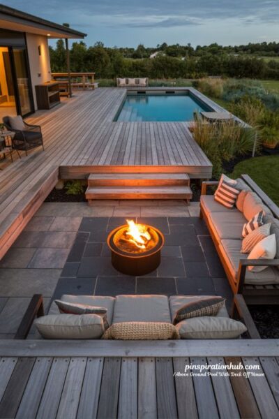 Rustic above ground pool deck with fire pit patio and timber backyard design