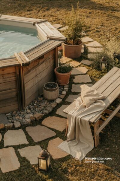 Rustic above ground pool ideas with wood stone and warm cozy backyard charm
