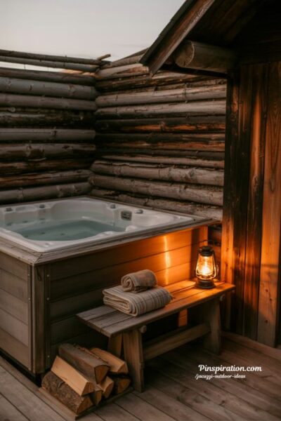 Rustic cabin jacuzzi outdoor ideas with warm wood textures and cozy evening backyard spa setup