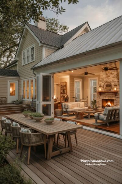 Screened porch and covered deck combo with outdoor fireplace and dining area