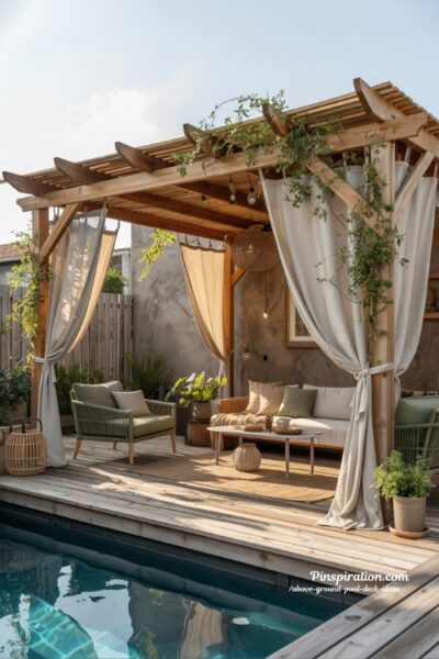Shade pergola above ground pool deck ideas with cozy outdoor retreat style