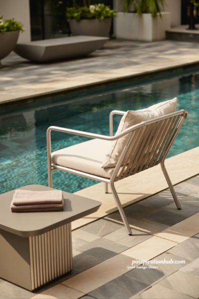 Sleek aluminum pool lounge chair on a modern luxury pool deck
