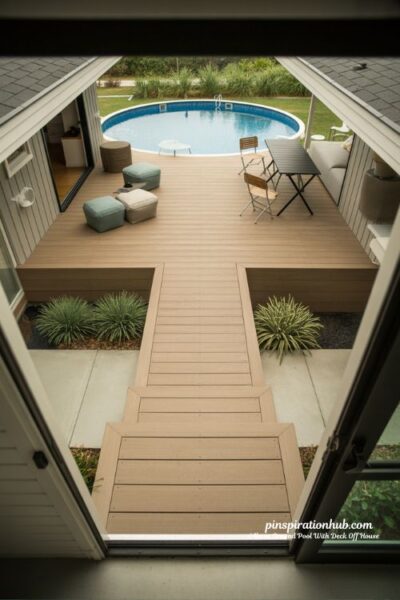 Small backyard above ground pool deck off house compact modern design