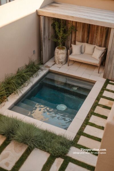 Small backyard corner plunge pool ideas with cozy modern patio landscaping