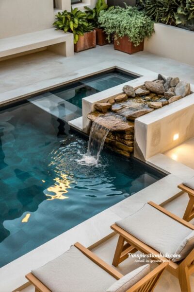 Small backyard pool with rock waterfall feature and night lighting design