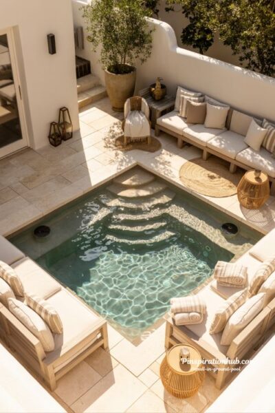 Small cocktail pool with built in bench seating for cozy backyard lounging