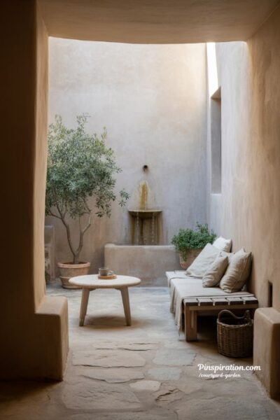 Small courtyard garden outdoor room with soft walls natural textures and calm private retreat feel