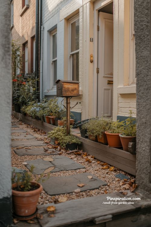 Small front garden ideas for narrow spaces with simple path and cozy curb appeal
