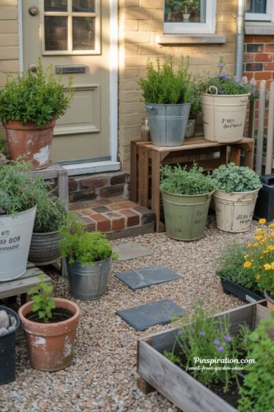 Small front garden ideas with budget friendly DIY touches using reused materials and painted pots