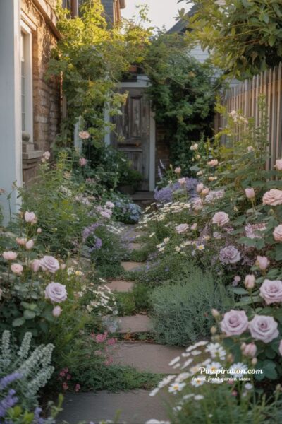 Small front garden ideas with cottage style soft chaos for a romantic and welcoming entrance