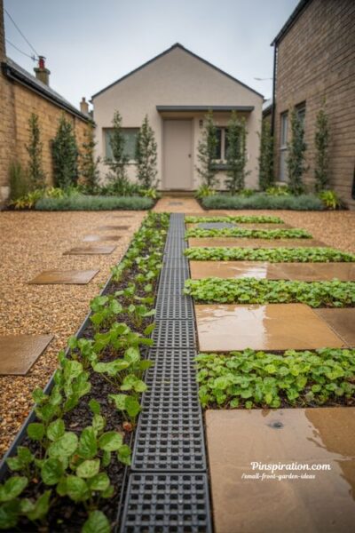 Small front garden ideas with eco friendly drainage design using gravel and permeable surfaces for sustainable curb appeal