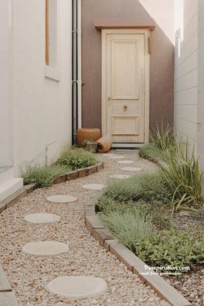 Small front garden ideas with simple gravel path for a soft and inviting entrance
