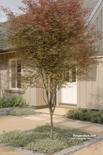 Small front garden ideas with small tree focal point for balanced and elegant entrance design